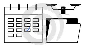 Calendar with Marked Date and Open File Folder Representing Task Scheduling and Document Organization
