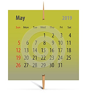 Calendar for May 2019