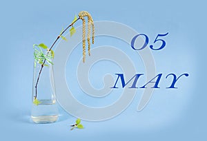 Calendar for May 5: a birch branch in a glass vase on a blue background, the name of the month May in English, the numbers 05