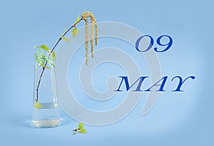 Calendar for May 9: a birch branch in a glass vase on a blue background, the name of the month May in English, the numbers 09