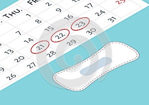 A calendar with the menstrual days marks and menstrual pads. Vector illustration of blood period calendar with blood drops. Menstr