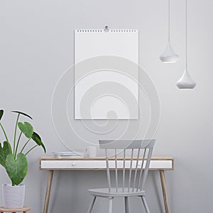 Calendar mockup in modern interior with a console and a chair, 3D render