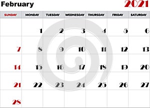 Calendar month February 2021