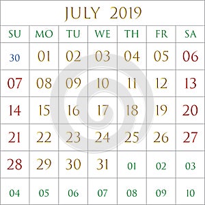 July 2019 square on white