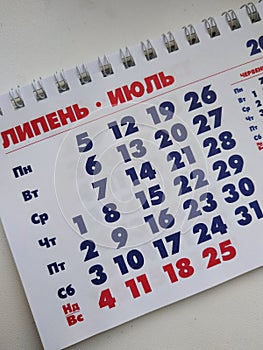 The calendar. The month is June. Calendar on a white background. July 2021. Photo of the calendar on the phone. Vertical photo.