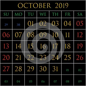 October 2019 square on black