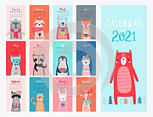 Calendar 2021. Monthly calendar with cute Animals