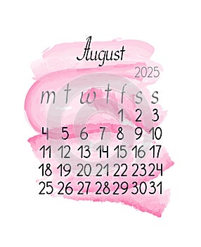 Calendar monthly template for August 2025 in simple minimalist style vertical portrait orientation