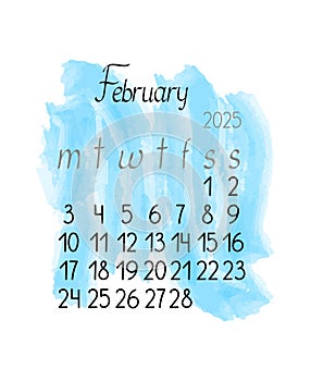 Calendar monthly template for February 2025 in simple minimalist style vertical portrait orientation