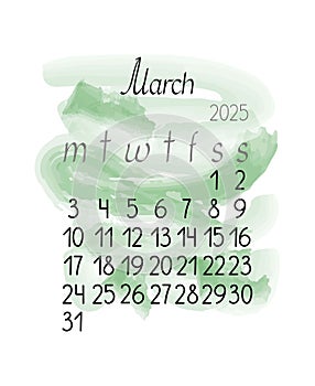 Calendar monthly template March 2025 in simple style vertical portrait orientation, abstract colorful shapeless background