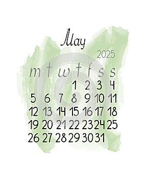 Calendar monthly template for May 2025 in simple minimalist style vertical portrait orientation