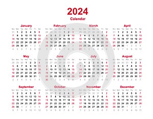 Calendar 2024 - 12 months yearly vector calendar in year 2024 - calendar template - planner calendar