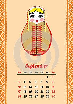 Calendar with nested dolls 2017. September. Matryoshka different Russian national ornament.