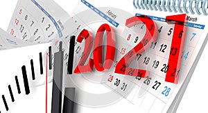 2021 21 calendar new year time clock pionters just now isolated in white background  red numbers - 3d rendering