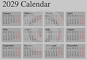 Calendar 2029 not colored grey squared months photo