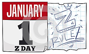 Calendar and Notebook Paper with Doodles to Celebrate Z Day, Vector Illustration