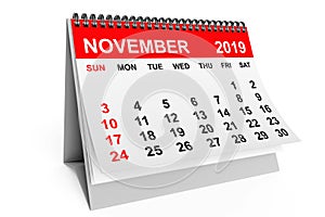 Calendar November 2019. 3d rendering
