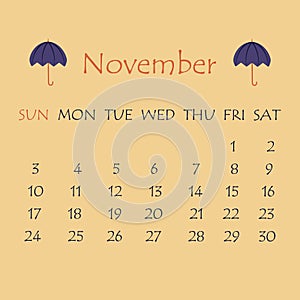 Calendar for November 2019 Beige background