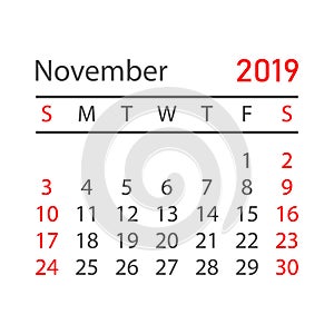 Calendar november 2019 year in simple style. Calendar planner de