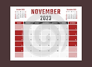 calendar for november 2023 starts sunday, vector calendar design november 2023 year