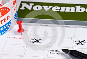 Calendar for November 2020 with election results marked and deleted as delays occur in counting votes