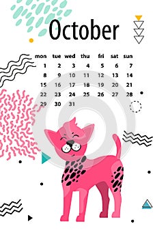 Calendar for October 2018 with Chinese Crested Dog