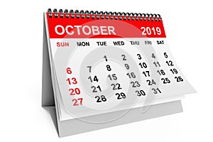 Calendar October 2019. 3d rendering