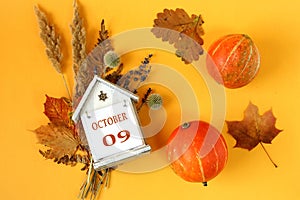 Calendar for October 9 : decorative house with the name of the month in English and the numbers 09 on bouquets of dried flowers,