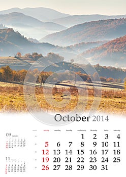 2014 Calendar. October.