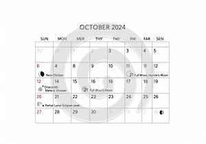 Calendar for October 2024 with a grid layout. Notable dates include: New Moon on the