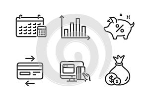 Calendar, Online payment and Credit card icons set. Diagram graph, Loan percent and Cash signs. Vector