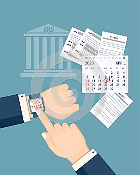 Calendar page April 2020, man hand  with  watch for tax day