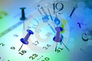 calendar page with drawing-pin and time clock background