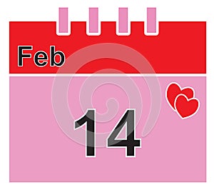 Calendar page for February 14th for the Valentine or Valentines Day.