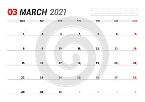 Calendar page for March 2021. Monthly planner. Stationery design. Week starts on Monday