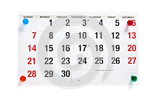 Calendar Page with Pushpins