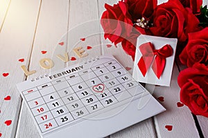 Calendar page with a red hand written heart highlight on February 14 of Saint Valentines day