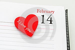 Calendar page with the red heart on February 14 of Saint Valentines day