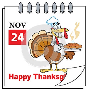 Calendar Page With Turkey Chef With Pie.