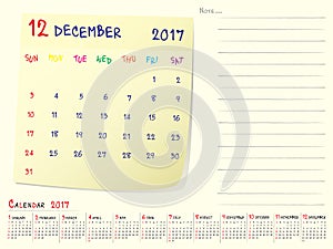 Calendar paper note December 2017