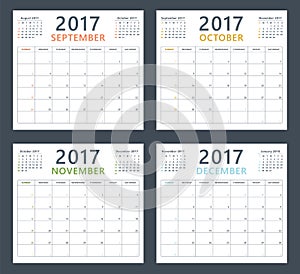 Calendar planner 2017 on september, october, november and december, week starts sunday