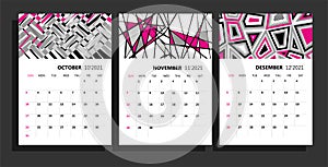 Calendar planner for 2021. Wall calendar template for 2021. The pages have space for notes. The diary is made in modern geometric