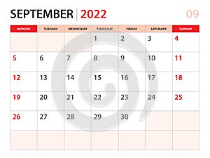 Calendar planner 2022 - September 2022 template, week start on Monday, Desk calendar 2022 year, simple and clean design