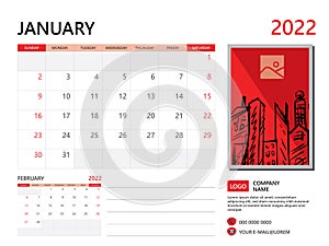 Calendar planner 2022 and Set of 12 Months, January 2022 template, week start on Sunday, Desk calendar 2022 design, simple design
