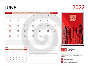 Calendar planner 2022 and Set of 12 Months, June 2022 template, week start on Sunday, Desk calendar 2022 design, wall calendar