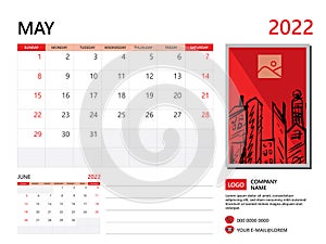 Calendar planner 2022 and Set of 12 Months, May 2022 template, week start on Sunday, Desk calendar 2022 design, wall calendar