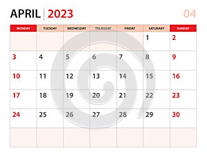 Calendar planner 2023 - April 2023 template, week start on Monday, Desk calendar 2023 year, simple and clean design, Wall calendar