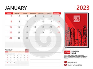Calendar planner 2023 and Set of 12 Months, January 2023 template, week start on Sunday, Desk calendar 2023 design, simple