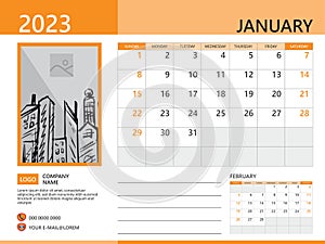Calendar planner 2023 and Set of 12 Months, January 2023 template, week start on Sunday, Desk calendar 2023 design, simple and