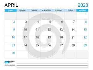 Calendar planner 2023 template-April 2023 year, week start on Sunday, Desk calendar 2023 design, simple and clean design, Wall